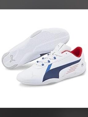 🆕 BMW+Puma White Sneakers with Navy Side Stripe and Red Inner Lining! 💥